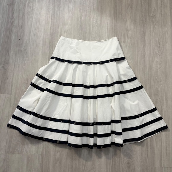Cache Dresses & Skirts - Cache Skirt Women White Navy Stripe A-Line Midi Skirt Cotton Size 10